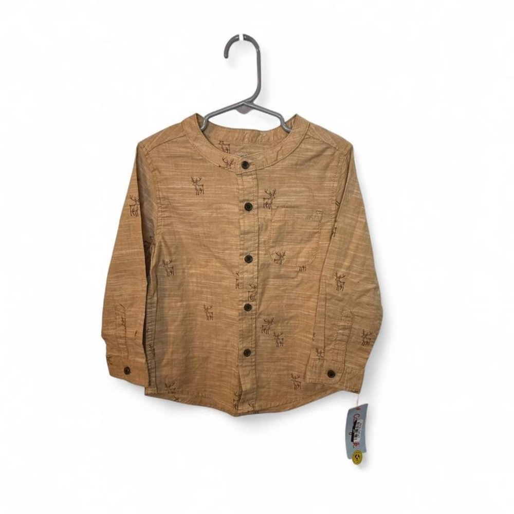 Cat and Jack Deer Printed Long Sleeve Stretch Button Down Shirt Size 4T